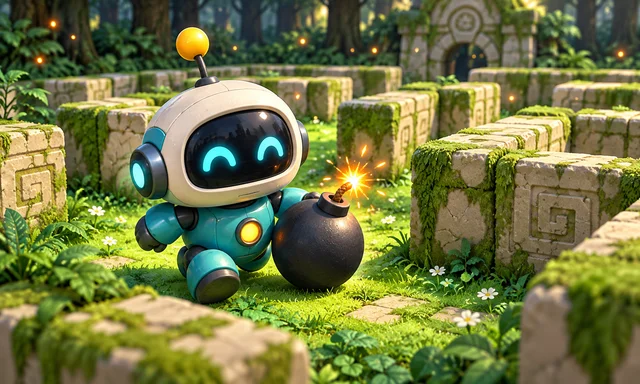A cheerful robot carrying a bomb through a sunlit stone maze