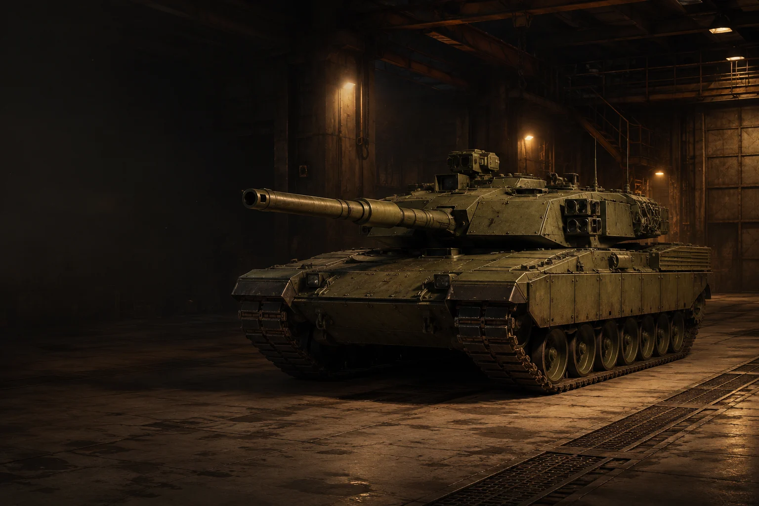 An armored tank waiting in a warmly lit hangar