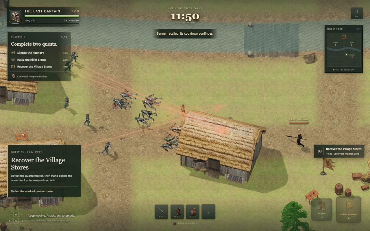 LAST BANNER gameplay: a captain fighting through a frontier village