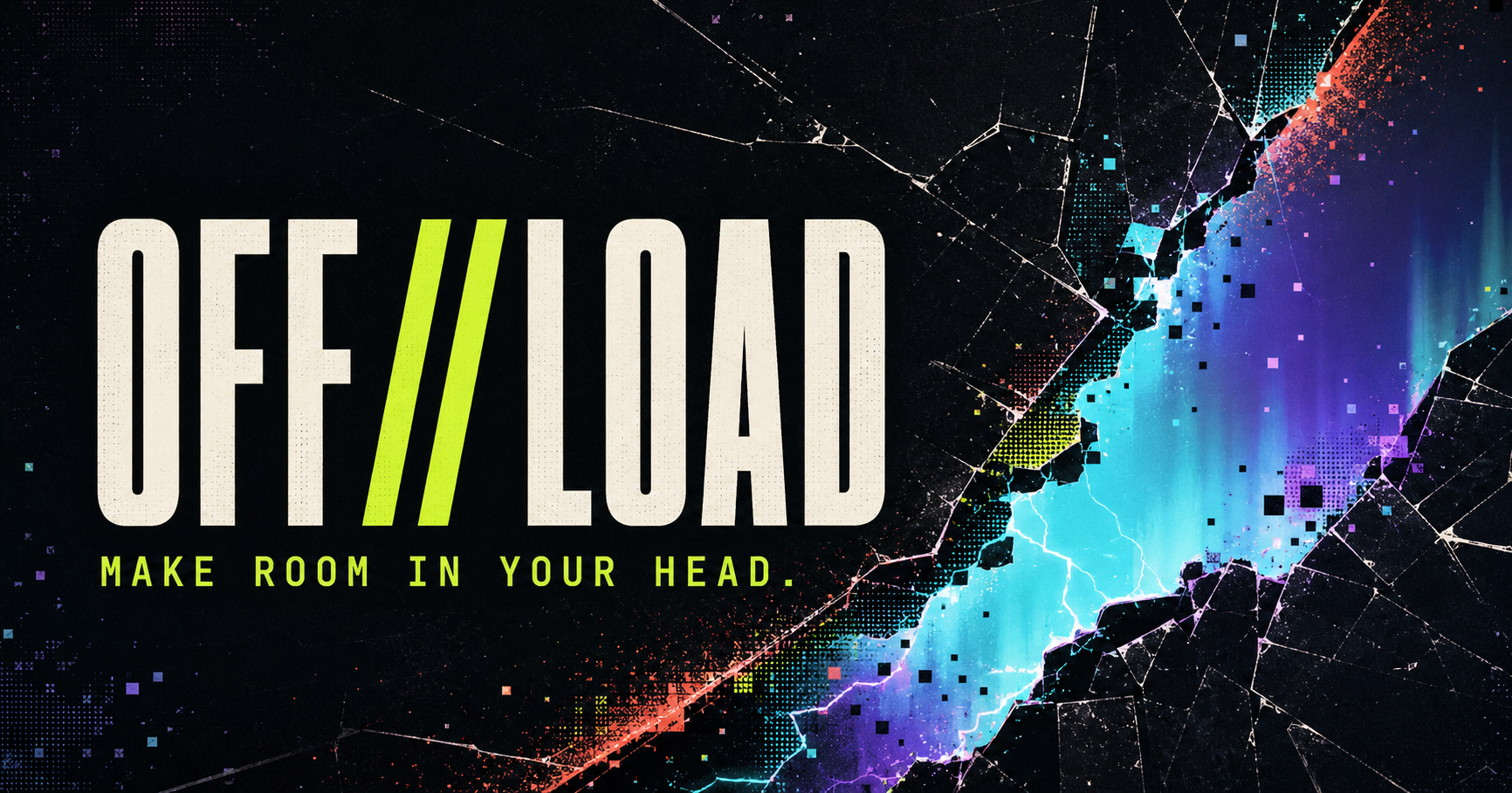 OFF//LOAD cover with a fractured screen revealing bright colors