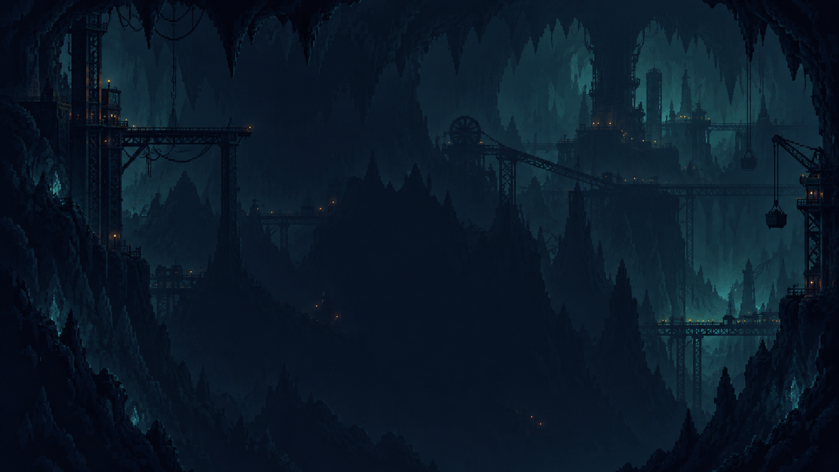 A deep blue underground vault with platforms, cables, and hidden lights